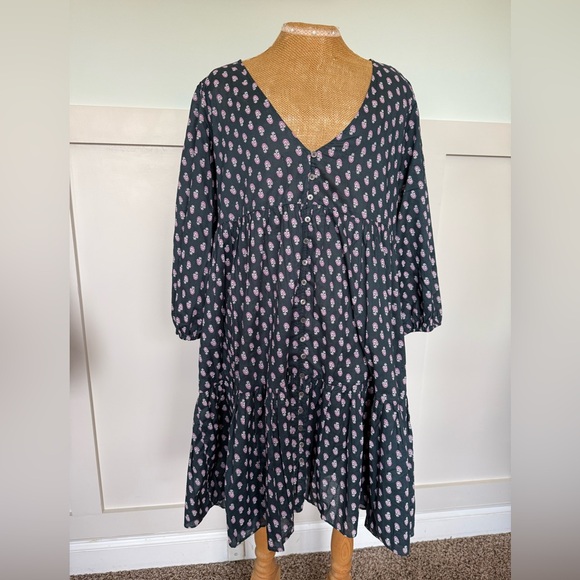 J. Crew Tiered Cotton Midi Dress Women’s MED Blue Gray Button Up V-neck boho - Picture 1 of 8